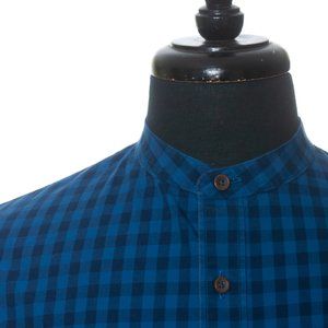 Untuckit Slim Fit Blue Check Cotton Banded Collar Shirt